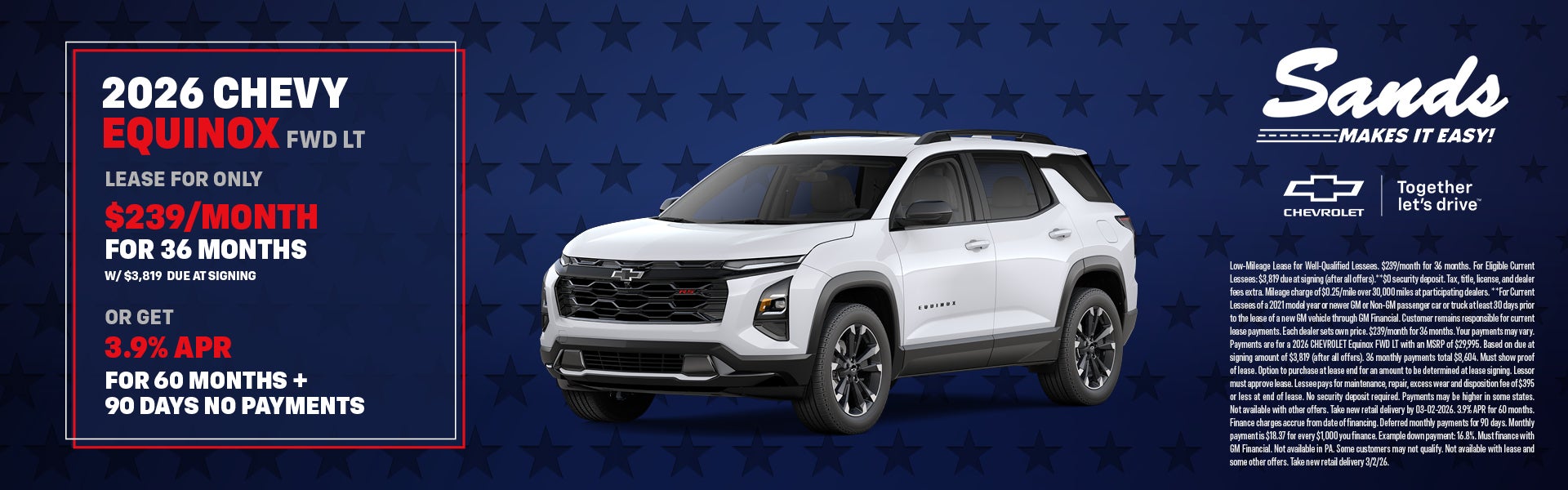 White 2026 Chevy Equinox LT lease and APR offer