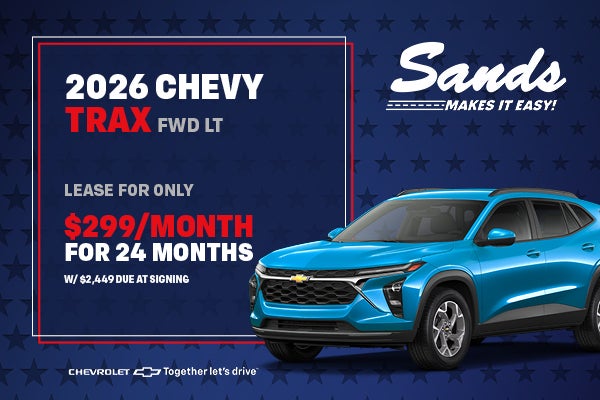 Blue 2026 Chevy Trax LT lease offer