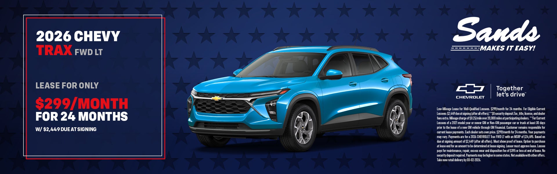 Blue 2026 Chevy Trax LT lease offer